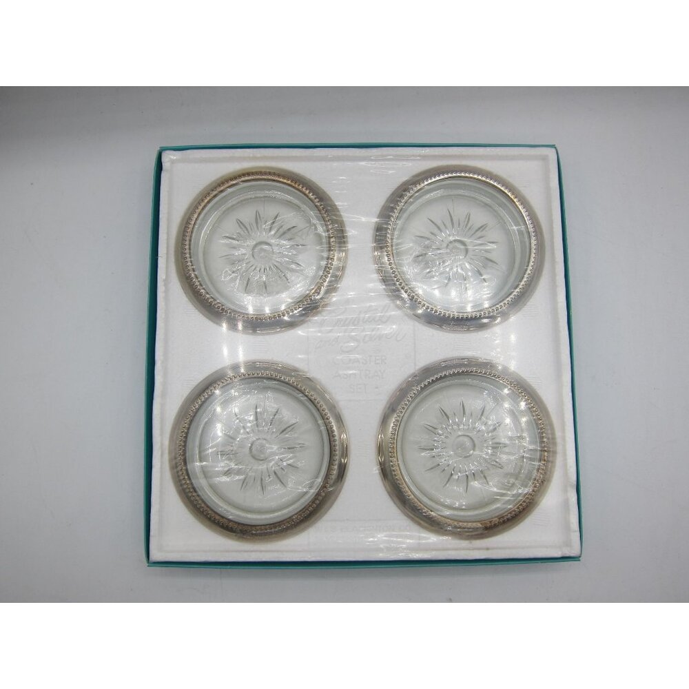 Vintage Crystal & Silver Coaster Ashtray Set Of 4 By Wm. A. Rogers With Original